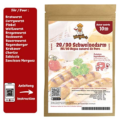 Wengler's 28/30 Schweinedarm Weihnachtsbratwurst Herstellung - 1A Metzgerqualität - brühfest, räucherfähig 10m