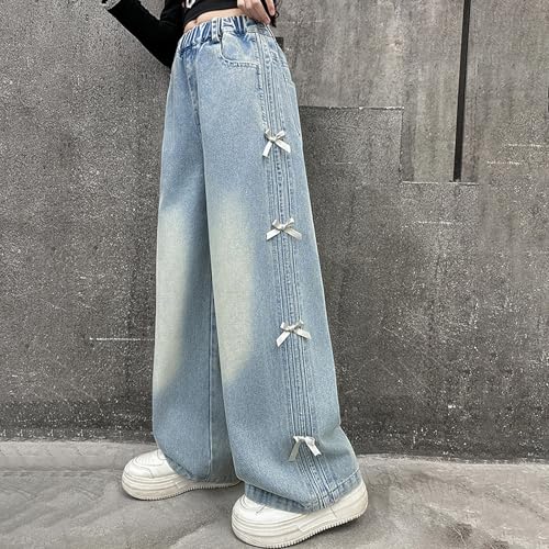 Kids Girls' Elastic Waist Wide Leg Baggy Denim Pants Straight Washed Loose Jeans Stylish Y2K Teens Casual Trousers3