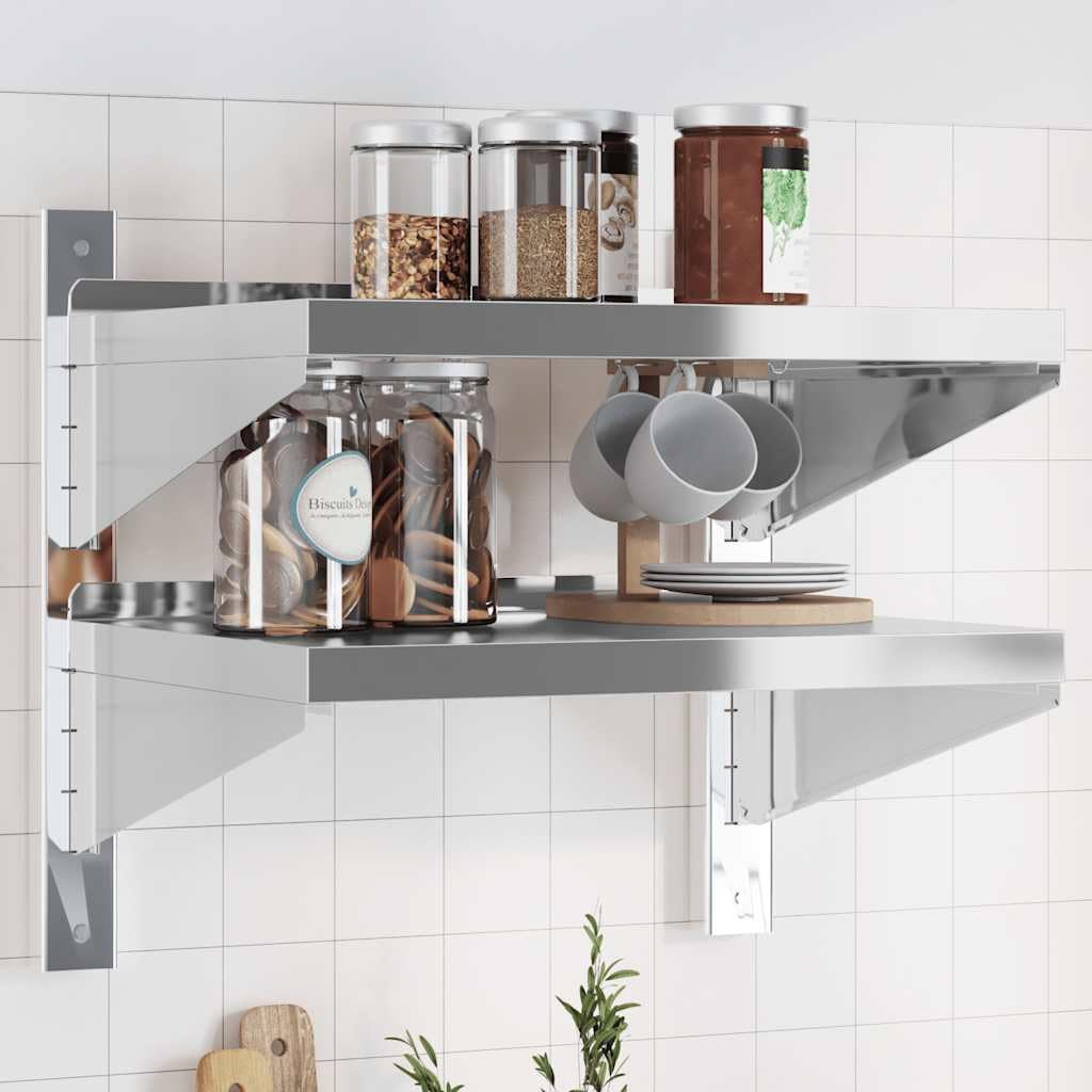 2 estantes de pared 50 x 40 x 48 cm plata acero inoxidable 0,6 mm con borde y soportes, moderno estante de pared para cocina, baño, salón para ahorrar espacio