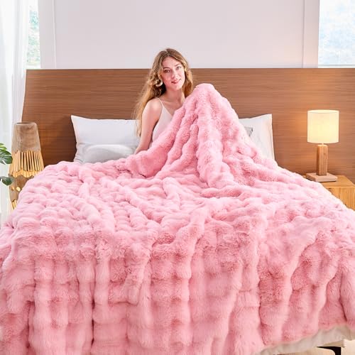 Lotus Karen Faux Fur Throw Blanket Pink - Big Bubble Rabbit Fluff Blanket for Couch, Small Fluffy Fuzzy Cozy Blanket,Thick Furry Plush Shaggy Blankets,50x60 Inches
