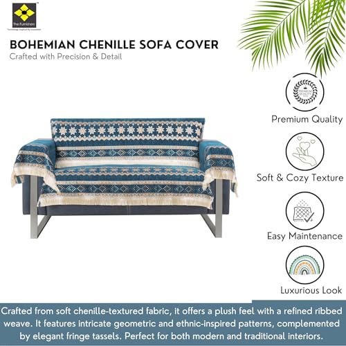 Image of Elegant Woven Turquoise Sofa Cover Soft Chenille Traditional Pattern with Lace Style | L-Shape Sectional Seat Protector for Living Room | Durable & Stylish Slipcover 2 Seater with Arms