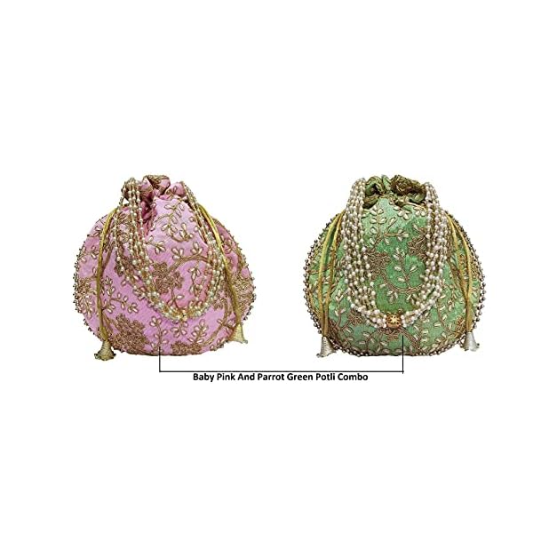 Potli bag (Pack of 2 Potli) Baby Pink and Parrot Green Matka Designer handbags for Women wedding party and Return gift potli bags for party accessories .Outer Golden Embroidered Design - Image 6