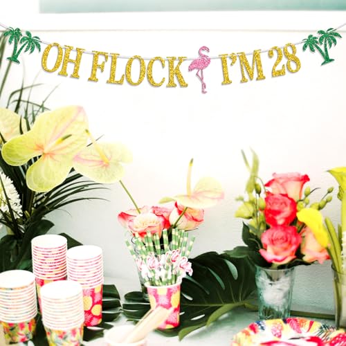 Image of Oh Flock I'm 28 Banner, Glitter Happy 28th Birthday Anniversary Party Decorations, Pineapple Calebration Decor, Hawaiian Luau Tropical Aloha 28 Theme Party Photo Props