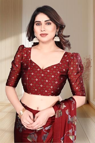 Image of SUPERLAXMI Women's Chiffon Floral Printed Saree with Blouse Piece