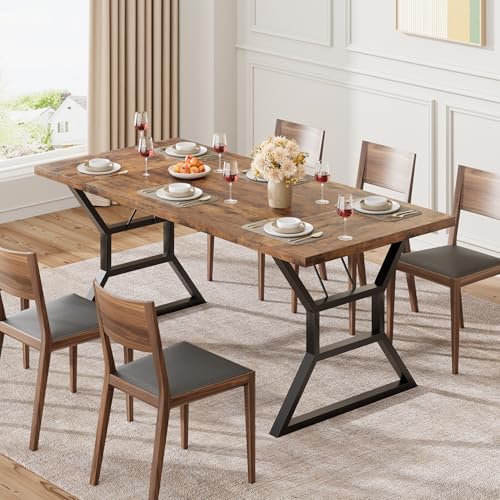 GarveeHome 70.9 in Large Dining Room Table for 6, Rectangular Kitchen Table with Heavy Duty Metal Legs, Farmhouse Wooden Dining Table for Big Family (Brown) Retro Brown