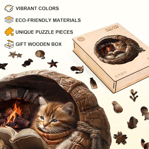 Rompecabezas de madera para adultos, 13.4 x 13.2 pulgadas, 270 piezas, Rompecabezas Gato Acogedor de Otoño con efecto visual 3D miniatura 3