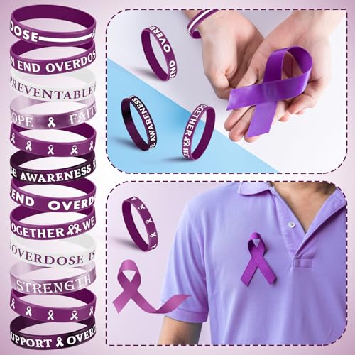Image of Landical 120 Pcs Overdose Awareness Silicone Bracelets Purple Ribbon Motivational Rubber Wristbands Colored Overdose Awarenesswristbands for Event Support Charity Supplies Favor