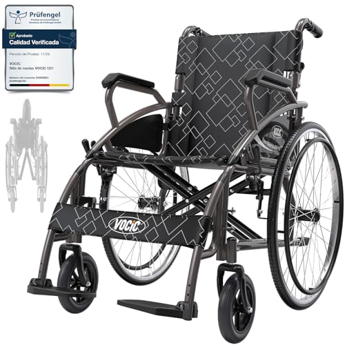 VOCIC U31 silla de ruedas plegable ligera 150KG,Sillas ruedas aluminio para adultos e ancianos estable,Diseño de freno doble,Neumáticos de goma 60CM para todo tipo de terrenos,5 años de garantía|Gris