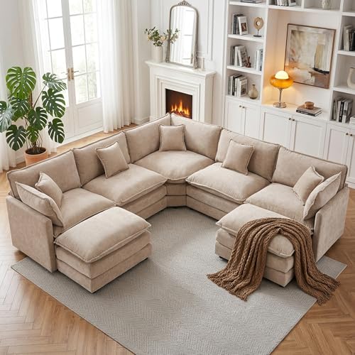Oversized Modular Sectional Cloud Sofa: 114 V-Shaped Modular Cloud Couch 7 Seater Comfy Couch with Ottomans and Pillows Chenille Deep Seat Couch for Living Room Bedroom Apartment Large Space Camel