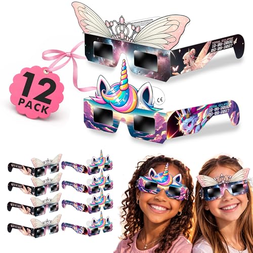 Galaxium Solar Eclipse Glasses Kids AAS Approved 2026 - [12 Pack] Mix Unicorn & Princess Design - ISO 12312-2 & CE Certfied