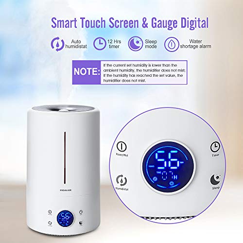 PROALLER Ultrasonic Cool Mist Humidifier for Large Rooms, 5L / 1.32 Gal for Bedroom, Baby, Home, Office, LED Display, Timer/Sleep Mode Quite, Filter Free, Waterless Auto Off, Portable, 3 Mist Level