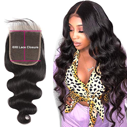 9A 6X6 Closure Human Hair Body Wave Closure 14 Inch Pre Plucked With Baby Hair Free Part 130% Density With Baby Hair Unprocessed Brazilian Virgin Human Hair Wet And Wavy Natural Color