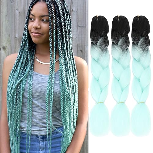 Ombre Braiding Hair Mint Green Braiding Hair Extensions Feed in Hair for Braids Twist Braiding Hair (Black-Mint Green 24"3PCS)
