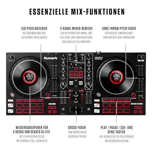 Numark Mixtrack Platinum FX - DJ Controller Pult mit 4-Deck Kontrolle, integriertem Audio Interface, Jogwheel-Displays und Effektpaddeln