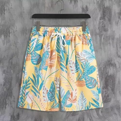 Sinzelimin Men's Beach Casual Shorts Hawaiian Print Swim Trunks Lace up Elastic Waist Loose Comfy Knee Length Crop 5'' Pants4