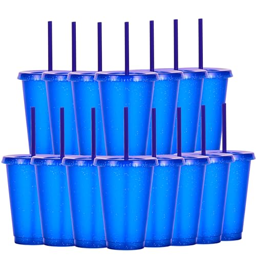 Yisituo Lot de 15 gobelets pour enfants, avec couvercles et paille, en plastique, pour les fêtes, le camping, les voyages (15, bleu foncé)