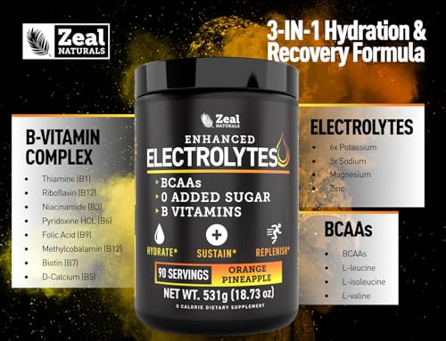 Image of Zeal Electrolyte Powder - 90 Servings | Keto Electrolytes Powder | Zero Sugar, BCAAs, B-Vitamins | Potassium, Zinc, Magnesium | Hydration Powder Recovery Drink | Orange Pineapple