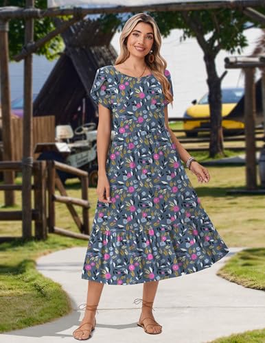Image of Zeagoo Women Summer Midi A Line Dress Short Sleeve Casual Flowy Tiered Beach Long Sundress with Pockets 2026 Vacation Travel