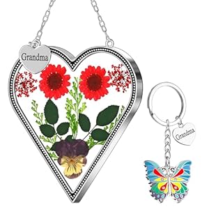 Kybosam heart suncatcher for windows hangings grandma gift stained glass butterfly suncatcher pressed flower between heart in glass metal engraved charm gift for women mothers day birthday christmas  urban country home decor