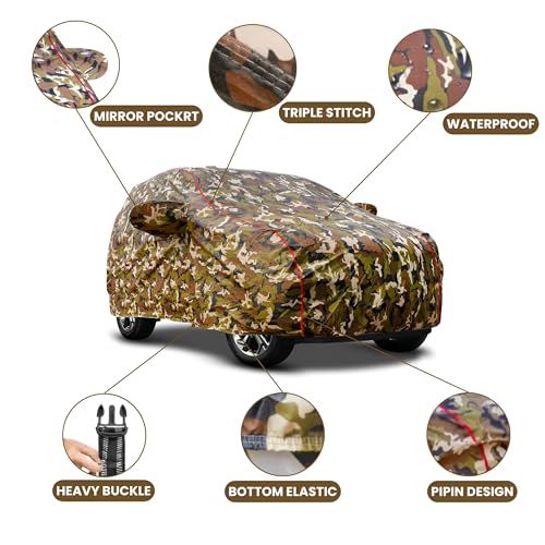 Image of Waterproof Car Body Cover for Range Rover Evoque with Mirror Pocket, Soft Cotton Lining, Triple Stitched, Full Bottom Elastic (Heat Resistant Jungle Print with Red Piping)