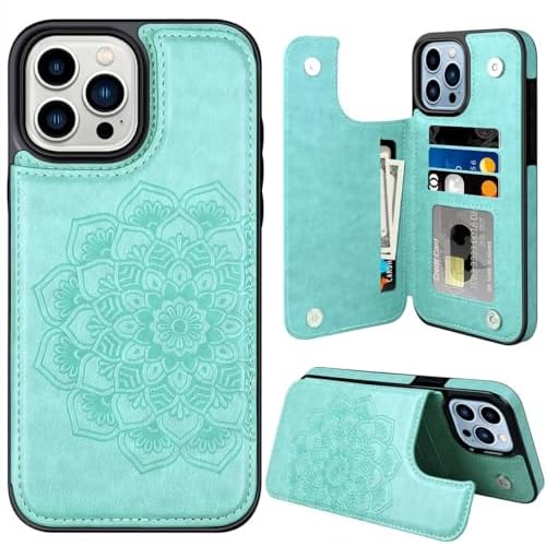 for iPhone 16 Pro Max Case with Credit Card Holder,RFID Blocking,PU Flower Leather Double Magnetic Clasp Kickstand Heavy Duty Protective Cover.(Green) Green iPhone 16 Pro Max