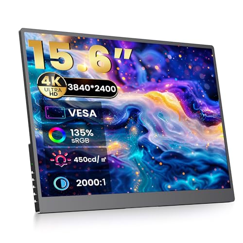 Image of 4K Portable Monitor - 15.6 inch UHD 3840 * 2400 16:10 450 Nits 135% sRGB IPS Screen with 2 USB-C & HDMI Ports for Laptop /Mac /PC /PS5 /Xbox with Speakers Stand,VESA Compatible(Metallic Black)