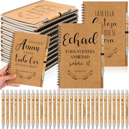 Resurhang 20 Pcs/10 Sets Spanish Christian Gifts Bulk Prayer Journal with Bible Pen Spiral Notebooks 8.27 ” x 5.51 ” Religious Gifts for Church Member Study Groups Church Families (Kraft Color)
