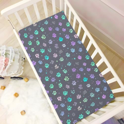 Image of Crib Sheet Breathable Soft Crib Mattress Sheet for Baby Toddler Boys Girls Fitted Pack n Play Crib Sheet Fit Standard Crib Mattress 39 x 27 Inch Dog Cat Paw Print Grey