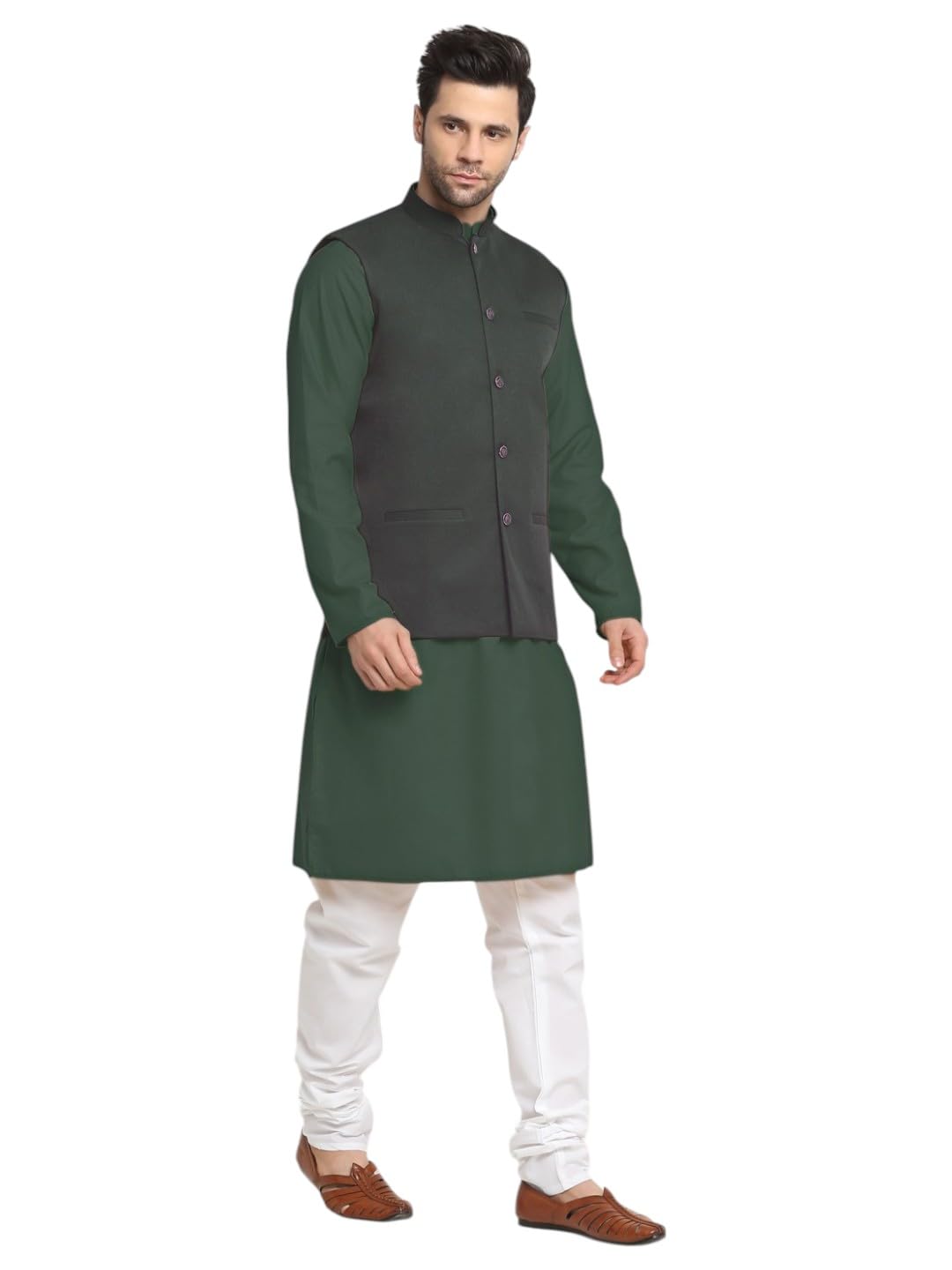 kraft india Men's Cotton Solid Mehndi Knee-Length Kurta Pyjama with Twill Nehru Jacket Set-picture-21
