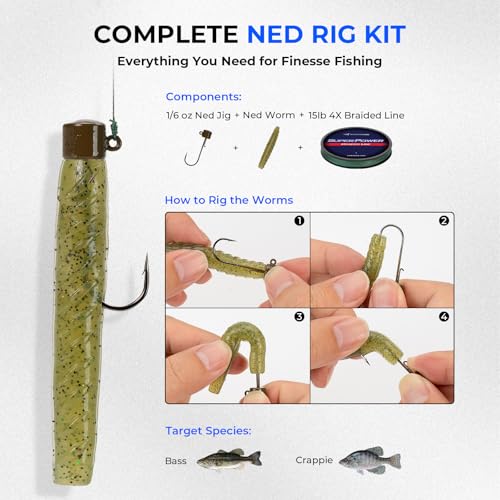Image of KastKing Superpower Braided Fishing Line Texas Edition - 15lb 4X 200yds with Ned Rig Kit, 1 /6 oz Ned Jig Head & 3 Soft Plastic Ned Worms, Bass & Crappie Fishing Finesse Kit, Gift-Ready Packaging
