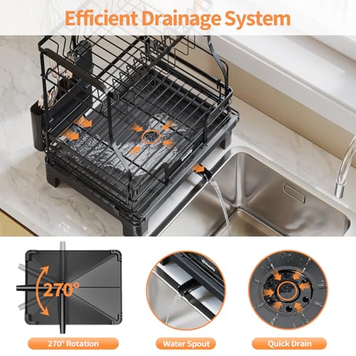 Urackify Extendable Dish Drying Rack, 2-Tier Dish Rack for Kitchen Counter, Large Expandable Dish Drainer Over Sink, 3 in 1 Multifunction Dish Strainer with Drainboard & Cups Holder, Black
