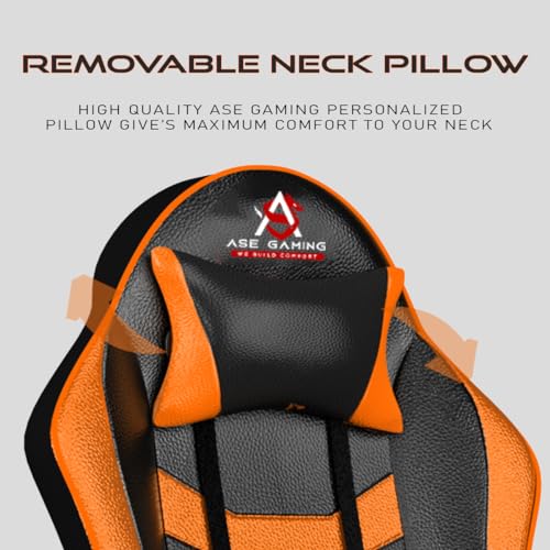 Image of ASE GAMING Ranger Series Ergonomic Gaming Chair Premium PU Leather, Adjustable Neck & Lumbar Pillow, 180 Degree Recline with Black Metal Base (Orange)