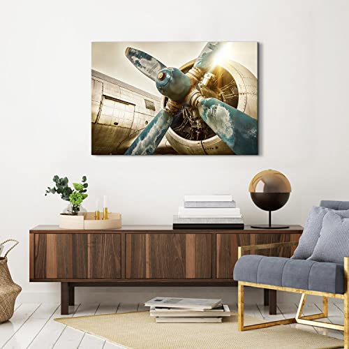 Image of Airplane Wall Art Vintage Military Aviation Fighter Jet Canvas Poster Wall Decor 60x90 cm, Large Retro Sunset Aircraft Plane Propeller Picture Artwork for Living Room Bedroom Office Home Decoration