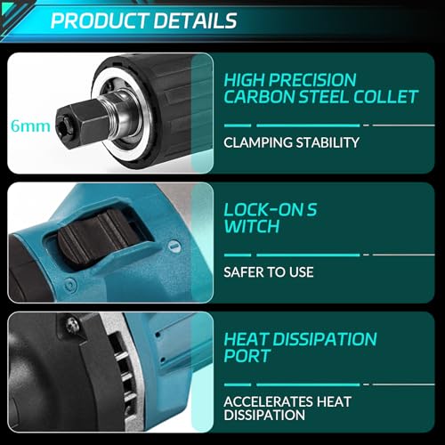 Accu-rechte slijper, compatibel met Makita 18 V accu, borstelloze elektrische rechte slijper met 6 mm boorhouder en 4 variabele snelheden (zonder accu) - Afbeelding 3