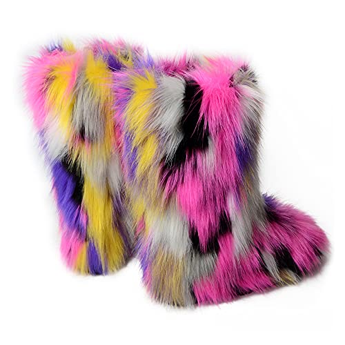 Zoscgjmy Faux Fur Boots For Women Fuzzy Fluffy Furry Round Toe Suede Winter Snow Boots Flat Shoes Multicolor-6 10 #TOP3