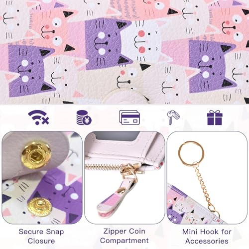 Image of COSHAYSOO Aesthetic Wallet for Ladies Teen Girls - Womens RFID Blocking Purse with Card Slots ID Window Zipper Coin Pocket - Waterproof PU Leather Small Cute Keychain Wallet - Pink Cat