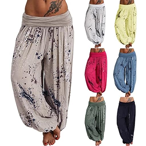 Pantalones harén ligeros con estampado, pantalones holgados con estampado bohemio para mujer, ropa de descanso con estampado floral, pantalones casuales de cintura baja con cintura elástica baja | Ya disponible en tu tienda friki favorita! En mundofriki.es!