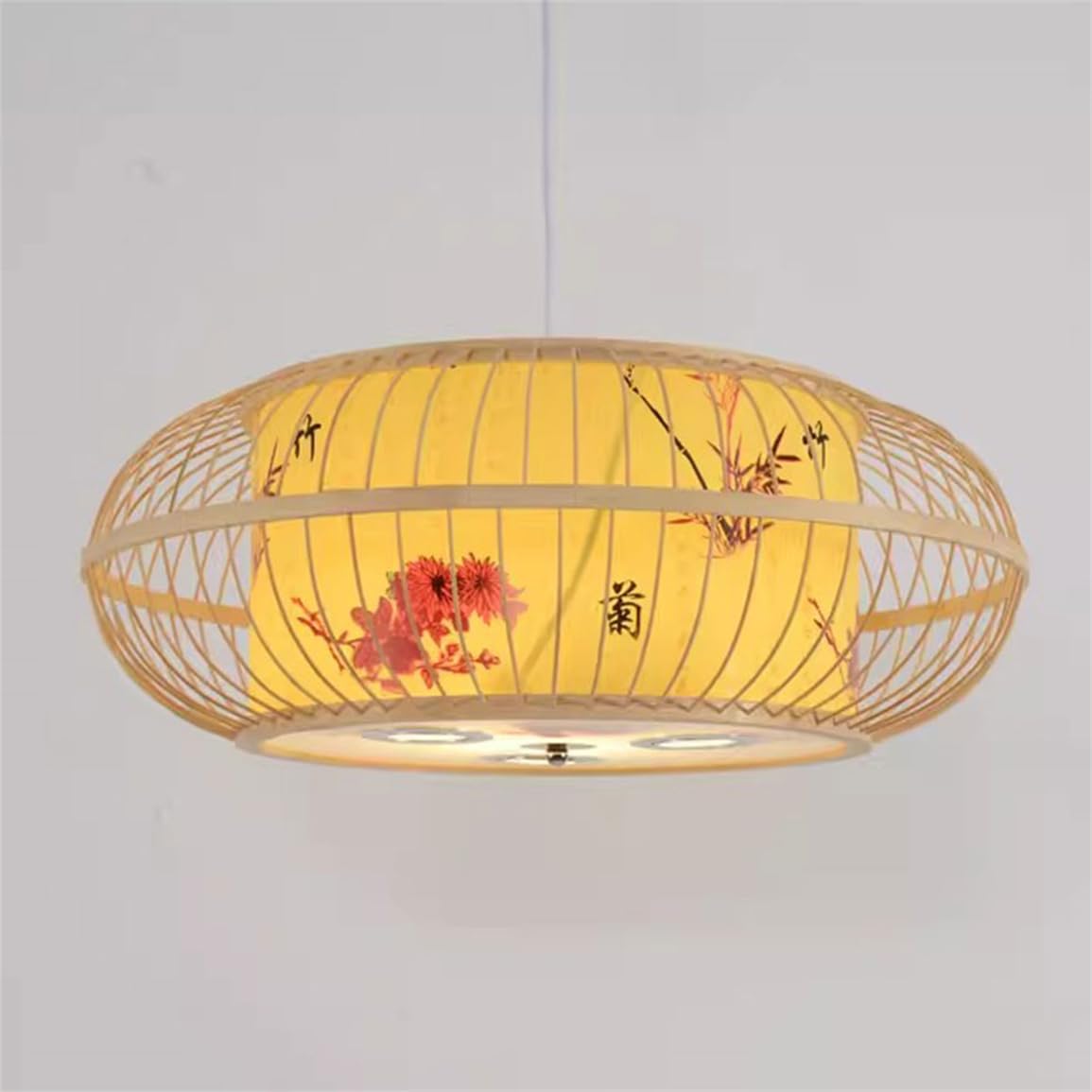 CSSYKV 60cm Large Bamboo Pendant Light Chinese Bird Cage Chandelier with Pattern Inner Faux Parchment Shade Oval Bamboo Wicker Lampshade for Farmhouse Restaurant Cafe Teahouse Dining