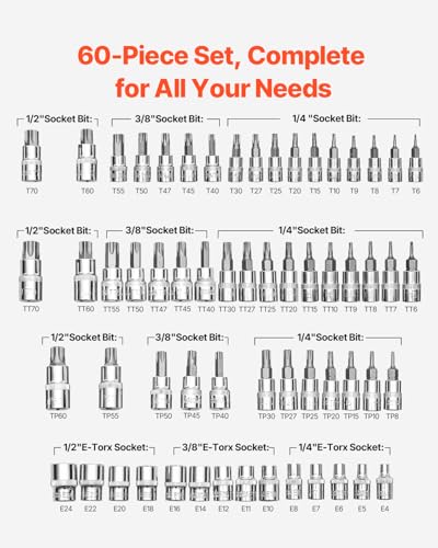 Image of VEVOR Torx Bit Socket and External Torx Socket Set, 60-Piece T6-T70, TT6-TT70, TP8-TP60, E4-E24, S2 Alloy Steel and Cr-V Steel, 1 /4 in, 3 /8 in, and 1 /2 in Drives, with Enhanced Storage Case, Hand Use