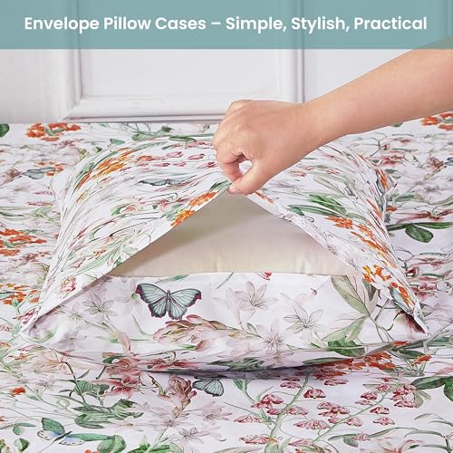 Image of Softan Green Floral Queen Sheet Set, Cozy Microfiber Butterfly Printed Fitted Bed Sheet with 15 inch Deep Pockets & Corner Non-Slip Straps, Botanical Patterned Sheets & Pillowcase Set