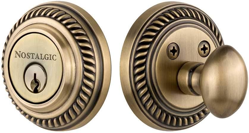Nostalgic Warehouse 702283 Rope Rosette Single Cylinder Deadbolt in Antique Brass,