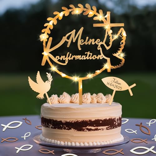 Tortendeko Konfirmation mit LED Lichterkette, Cake Topper Meine Konfirmation Holz & 36 Stück Holz Fâ€¦ – Miniatur