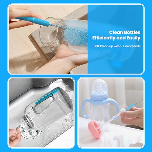 Image of 5 Pack Bottle Brush, Straw Cleaner Brush & Water Bottle Brush,15 in Stainless Steel Brush, Narrow Bottle Brush, 3 Straw Brushes, for Water Bottle, Coffee Mugs, Flasks, Glasses, Tumblers, Blue