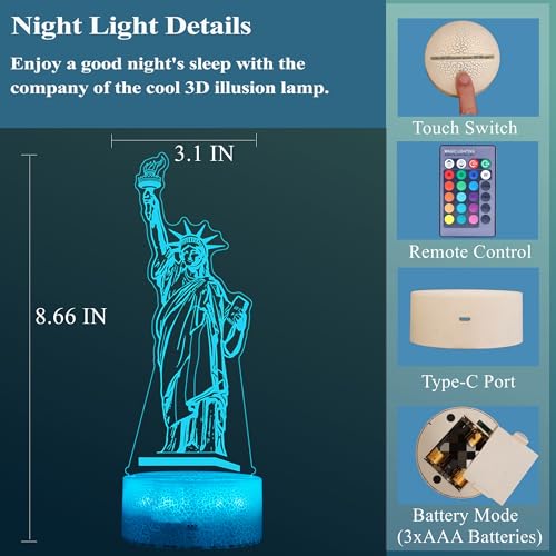 Image of Statue of Liberty Night Light, 3D Illusion Lamp with 16 Colors Changing, Timer, 4 Flash Modes and Dimmable, Kids Boys Girls Room Decor, Holiday Xmas World Landmark Building Gifts