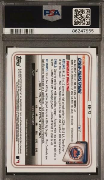 2020 Bowman Draft Chrome Pete Crow Armstrong Rookie RC Baseball Card Graded PSA 10 Gem Mint Card #BD72