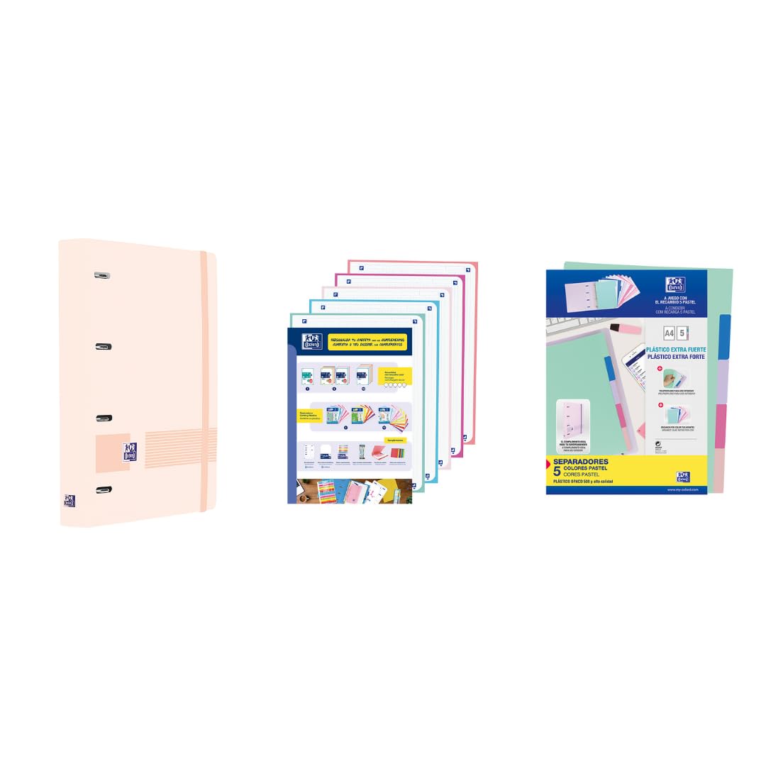 Oxford, Live & Go A4+ 4 Ring Binder Pack, Polyfoam Plastic, Includes Refill with 5 Strips 5 x 5 Grids and Plastic Dividers, Pastel Pink