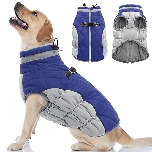 OUOBOB Dog Winter Jacket - Large Dog Coat with Harness, Waterproof, Reflective, Windproof, Puffer Jacket Blue L