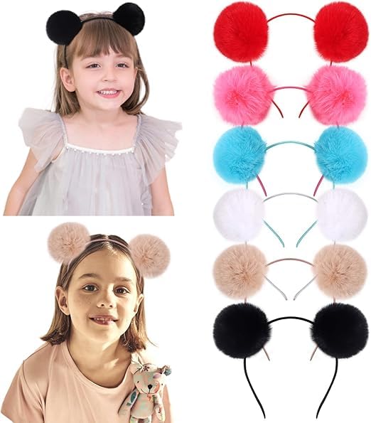 Diversa Bear Ear Headbands, Fluffy Pom Pom Headband for Girls & Women, Animal Ear Headbands, Halloween Costume Cute Fancy Headwear, Set of 6, Multicolor