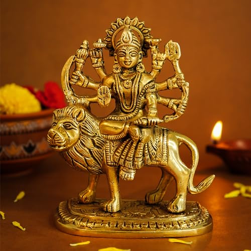 Image of Ekhasa 100% Pure Brass Durga Maa Idol (Size: 14 cm) | Durga MATA Murti for Home Decor & Puja Room | MATA Rani for Office Desk | Maa Durga for Gift | Sherawali Murti