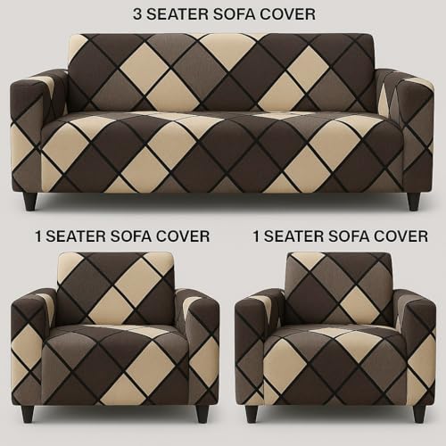 Image of Gorgeous Printed | Fully Covered, Stretchable & Non-Slip Elastic Slipcover Protector Sofa Cover (Brown Check, 5 Seater (3+1+1) Sofa Cover)